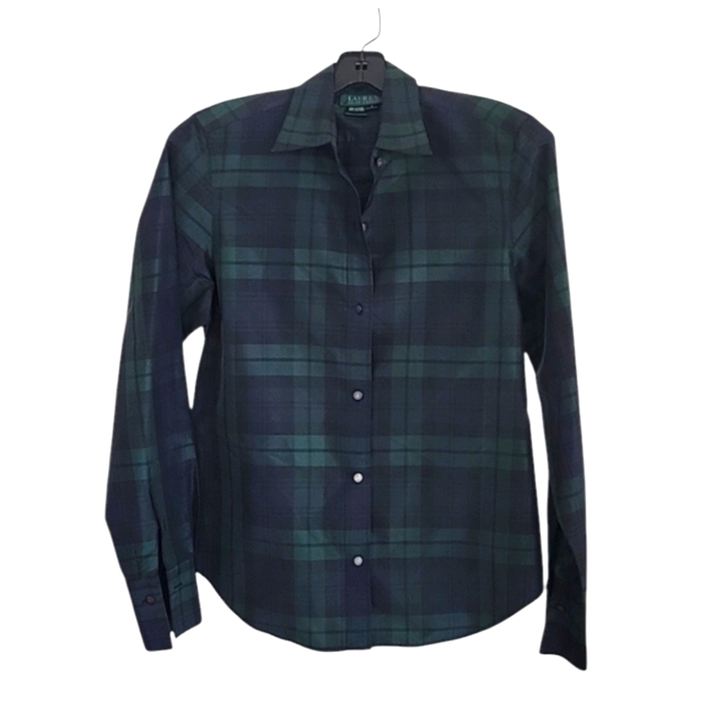 Lauren Ralph Lauren Green Dark Blue Tartan 100% Silk Tafetta Cuffed Sleeves